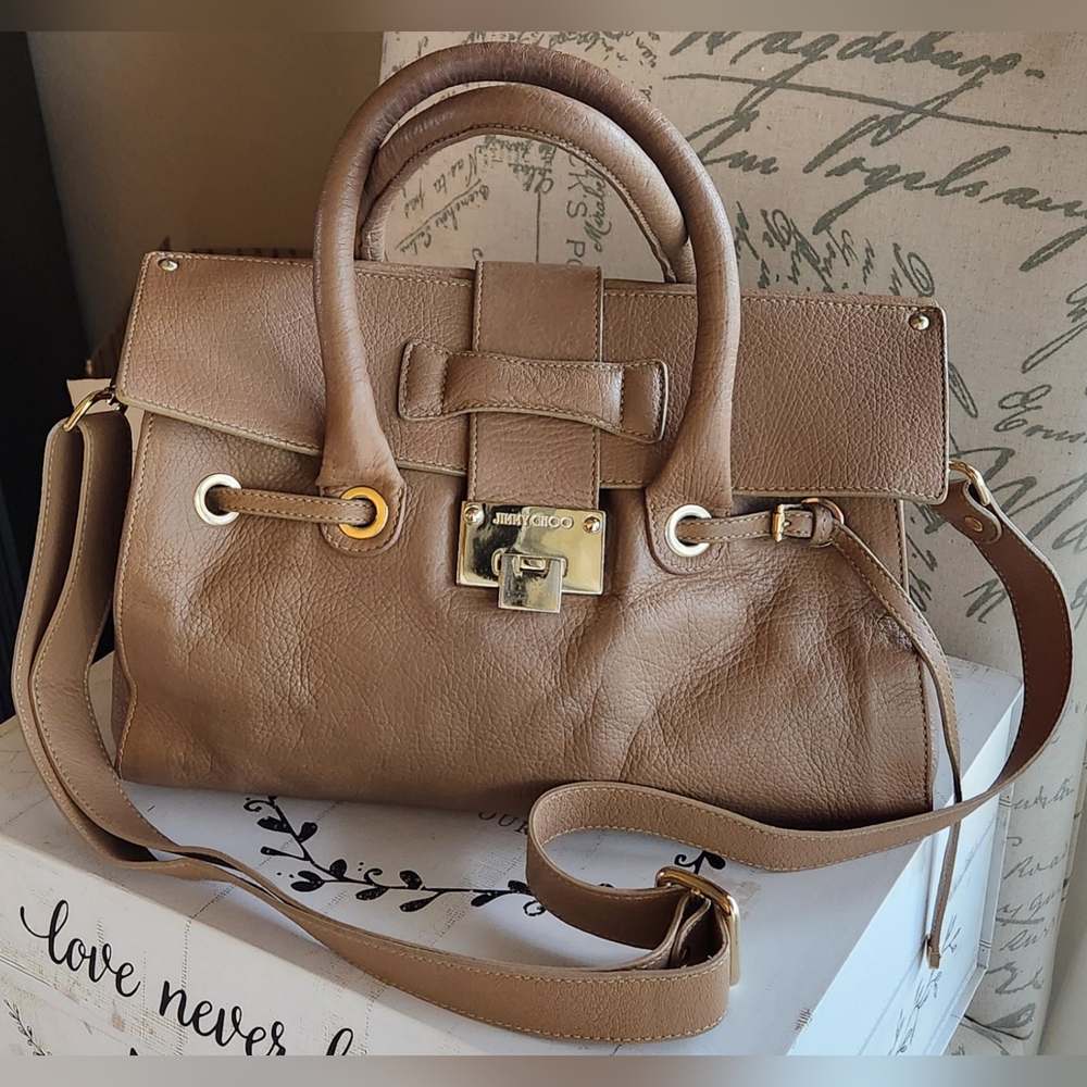 JIMMY CHOO Rosalie Caramel Pebble Leather Satchel Crossbody with COA